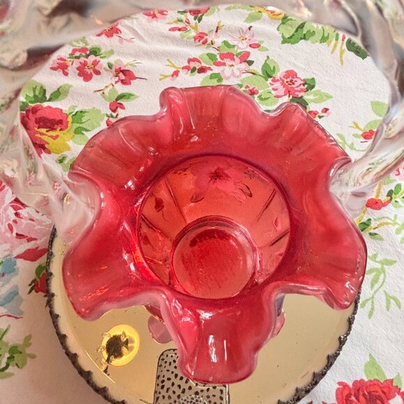 Fenton Glass Basket Cranberry Opalescent Open Heart Arches Bill and George - Picture 9 of 13